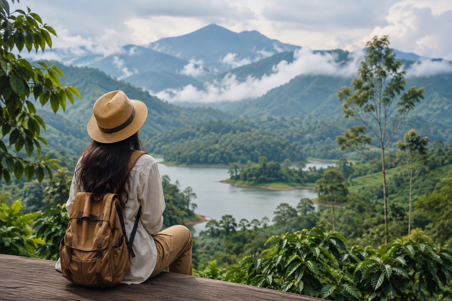 Female traveler enjoying a safe solo trip in the scenic hills of Wayanad, Kerala.